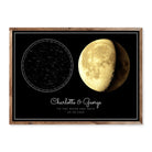Horizontal personalised poster with black background, golden moon phase and custom star map, with names and date – romantic couple gift