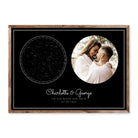 Personalised horizontal star map print with black background and custom couple photo, constellation map and names