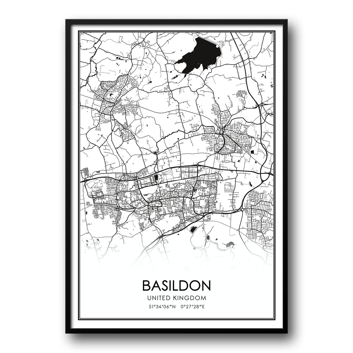 Basildon, UK Black and White Map Poster – UK Custom Posters