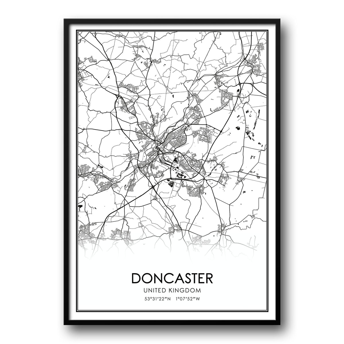 Doncaster, UK Black and White Map Poster – UK Custom Posters