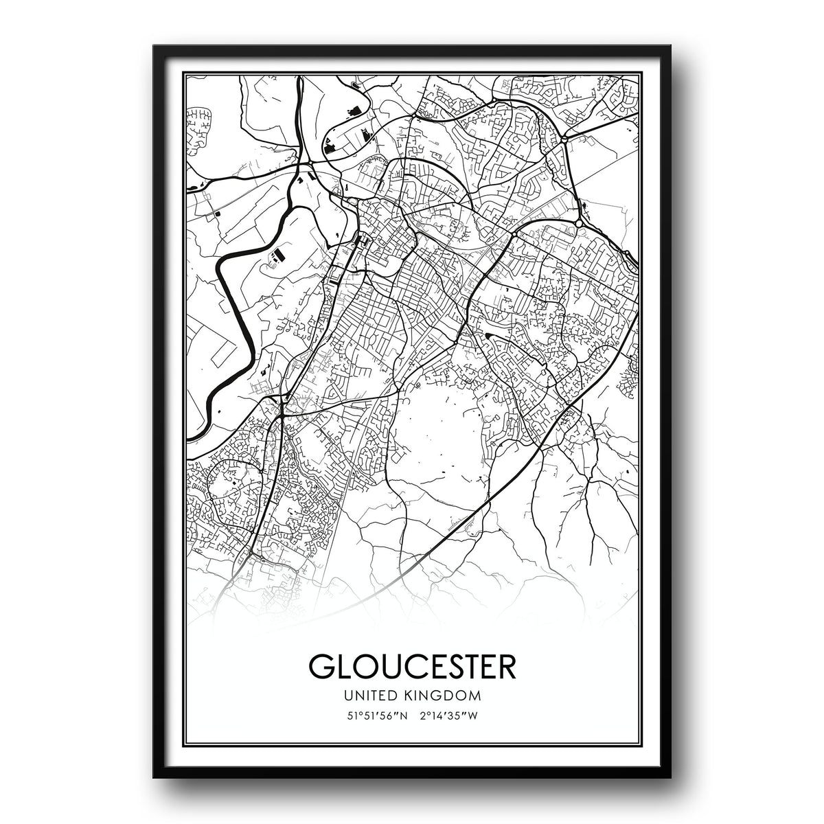 Gloucester, UK Black and White Map Poster – UK Custom Posters