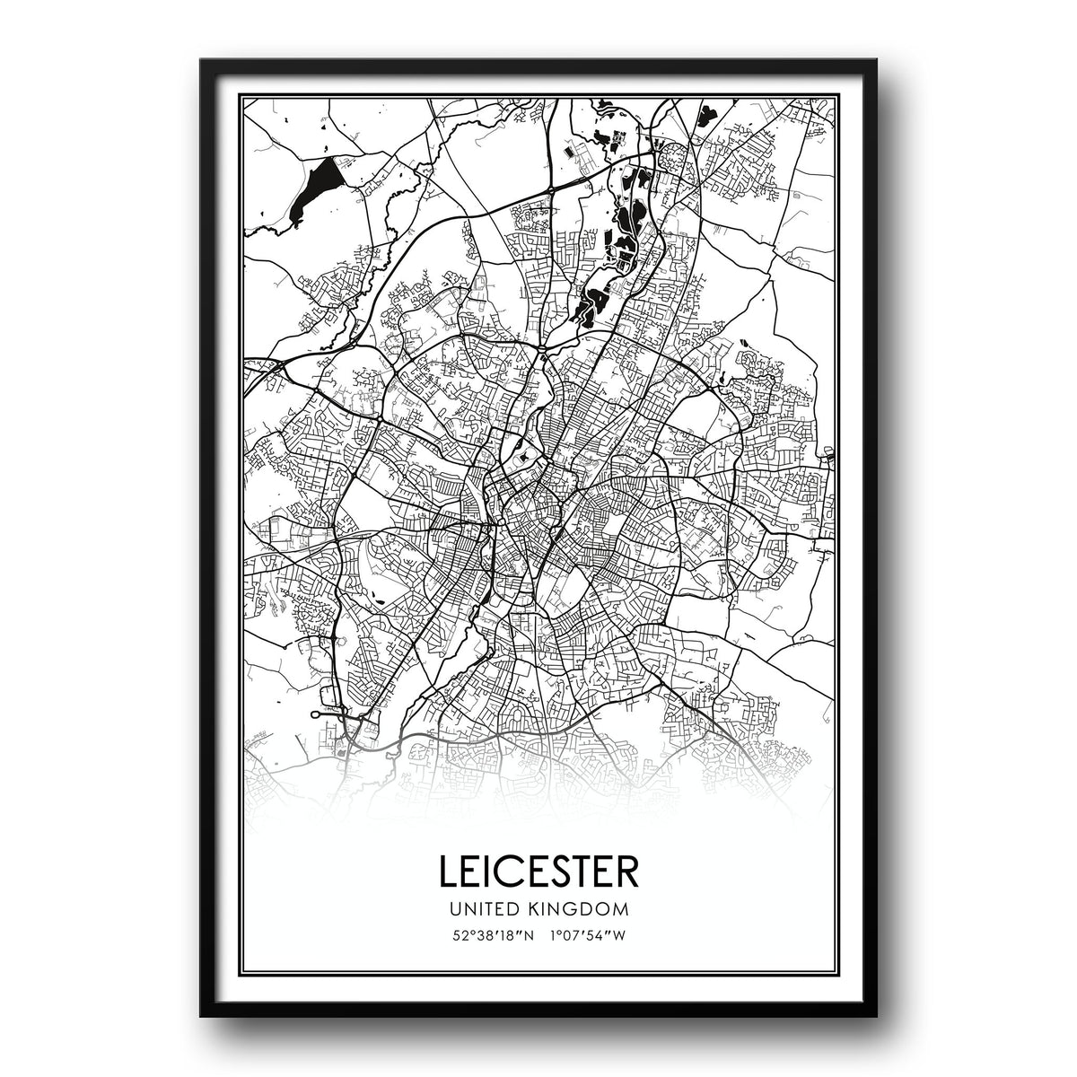 Leicester, UK Black and White Map Poster – UK Custom Posters