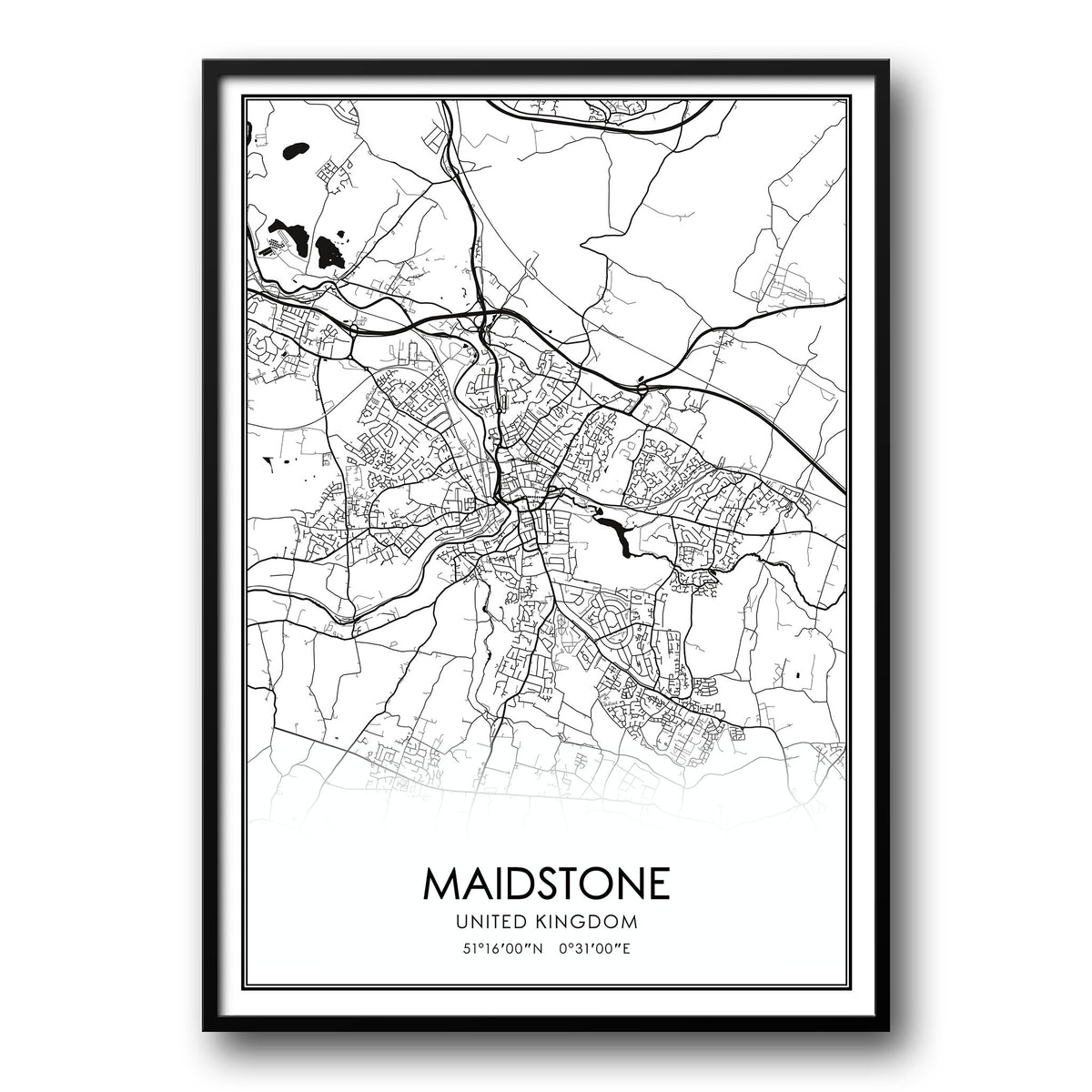 Maidstone, UK Black and White Map Poster – UK Custom Posters