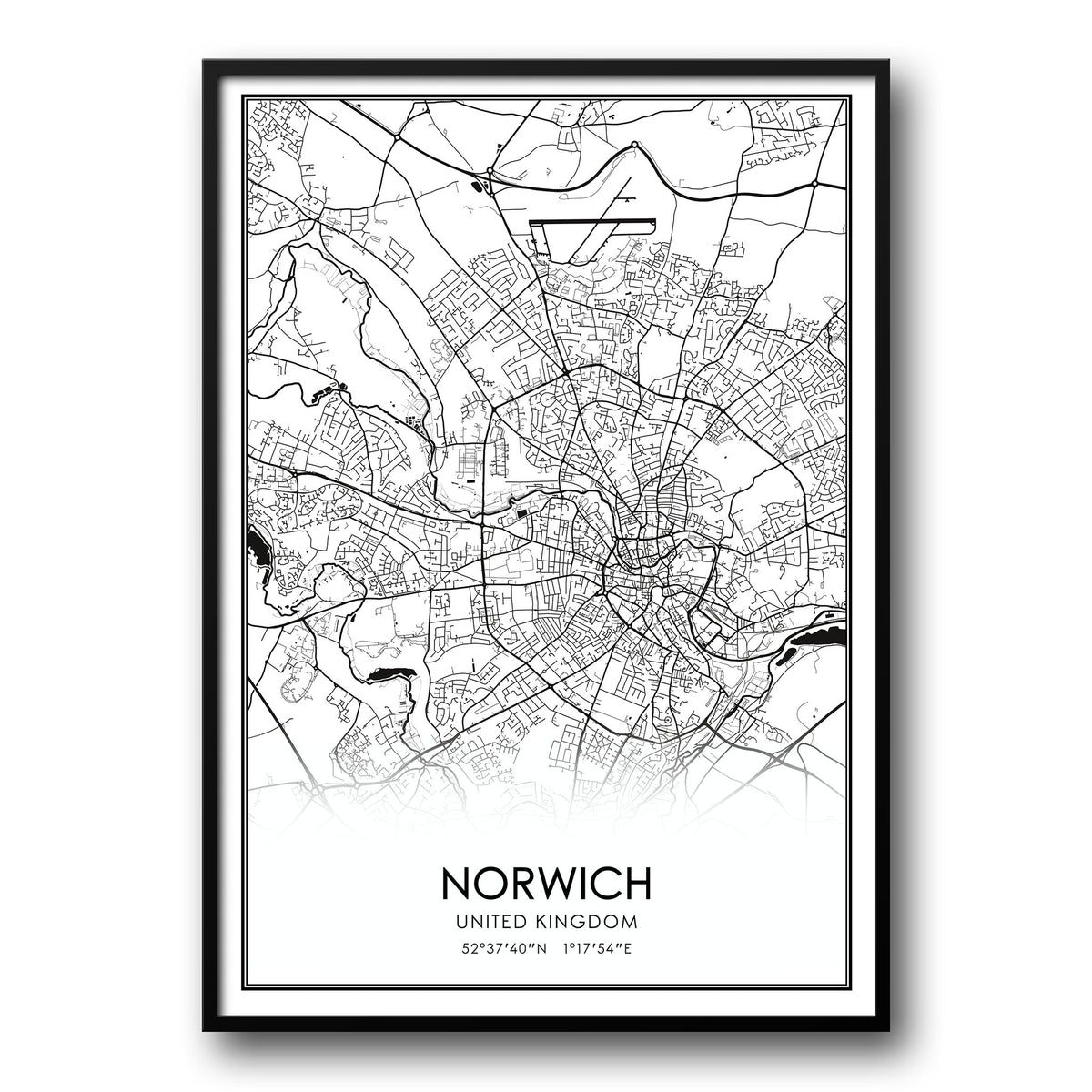 Norvich, UK Black and White Map Poster – UK Custom Posters